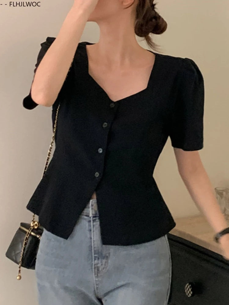 Cotton Linen Short Crop Tops Blouses Retro 2025 Summer Girls Chic Korea Woman Slim Fitted Bodycon Slit Peplum Top Button Shirts