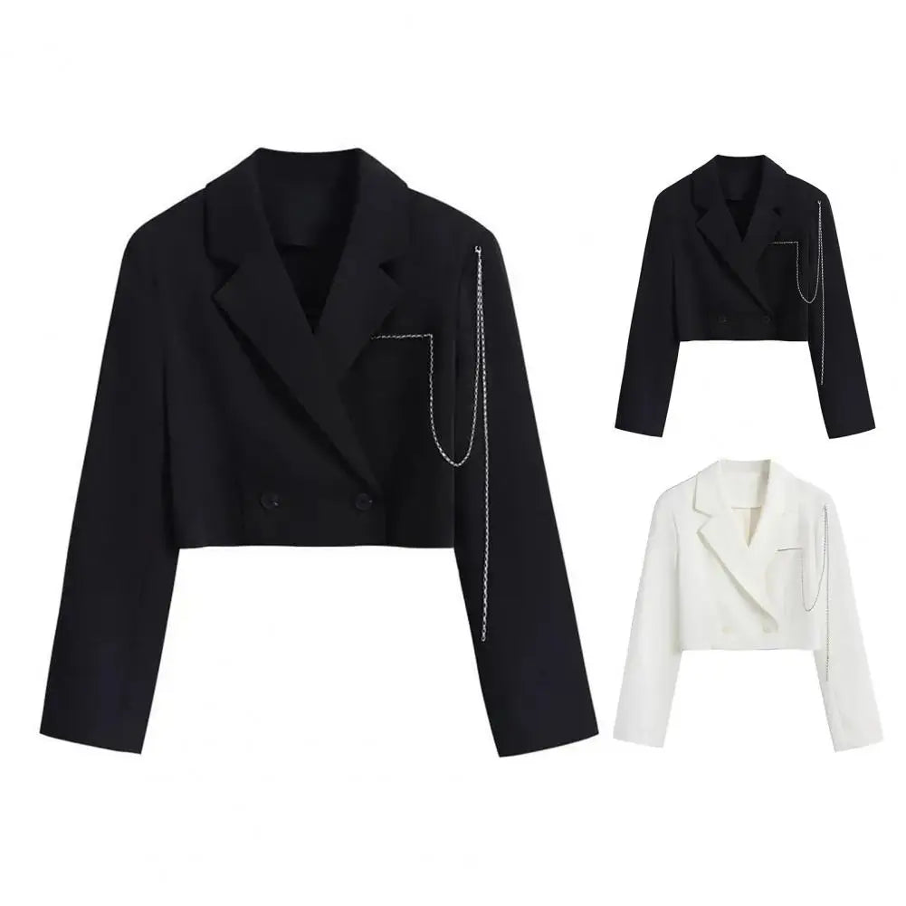 Women Lightweight Coat Elegant Double-breasted Women's Suit Coat with Chain Decor Notch Collar Formal Business Style for Ladies