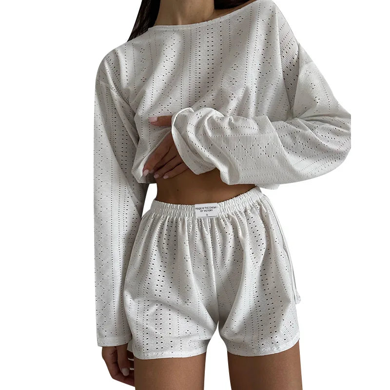 Pajamas for Women Summer Sleepwear Hollow Out Pajama Long Sleeve Tops Shorts Pyjama 2 Piece Set Homewear Nightwear Pijama Mujer