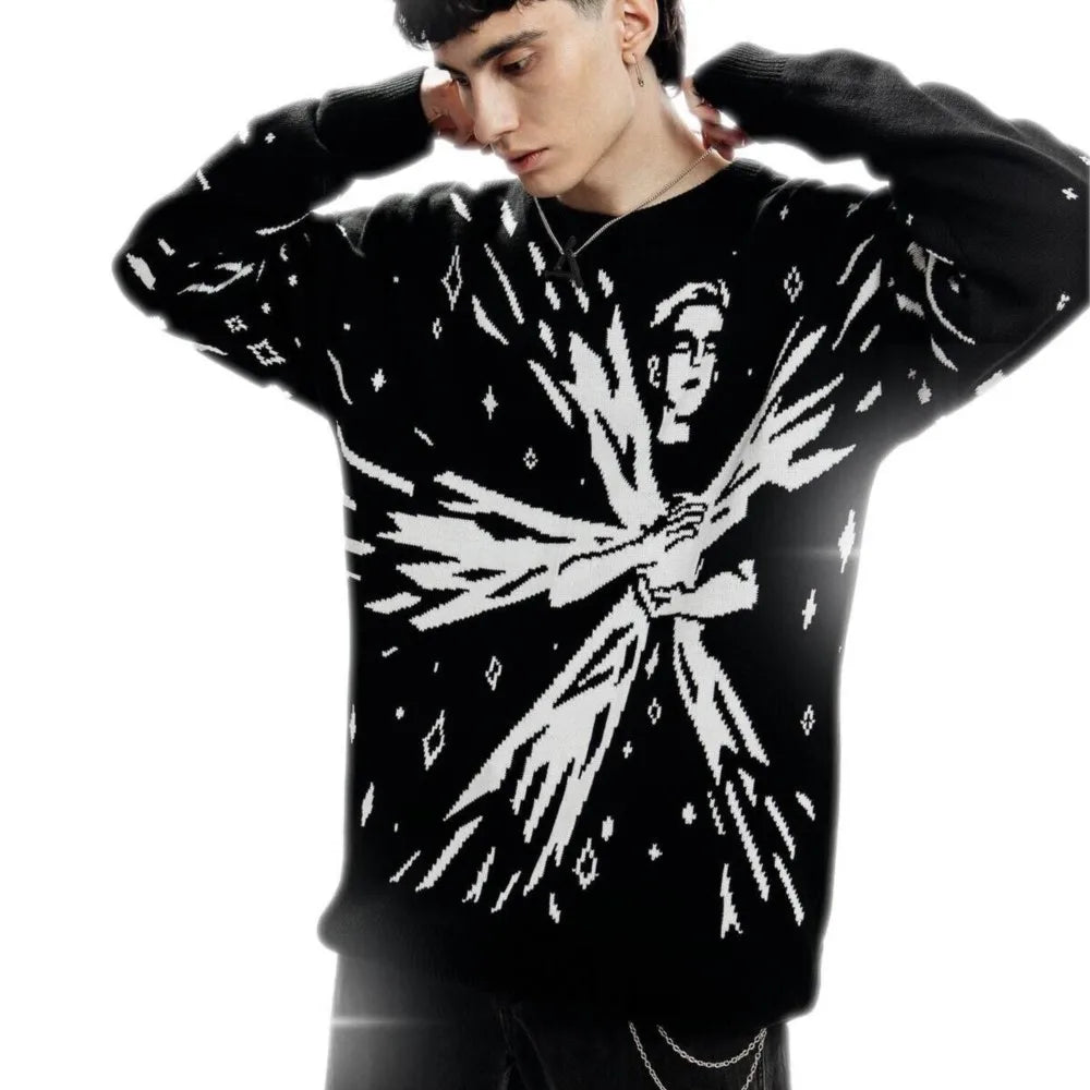 Men Women Hip Hop Abstract Quasar Knitted Sweater Harajuku Fashion Loose Tops Casual Streetwear Pullover Y2K Clothes Vintage 90s