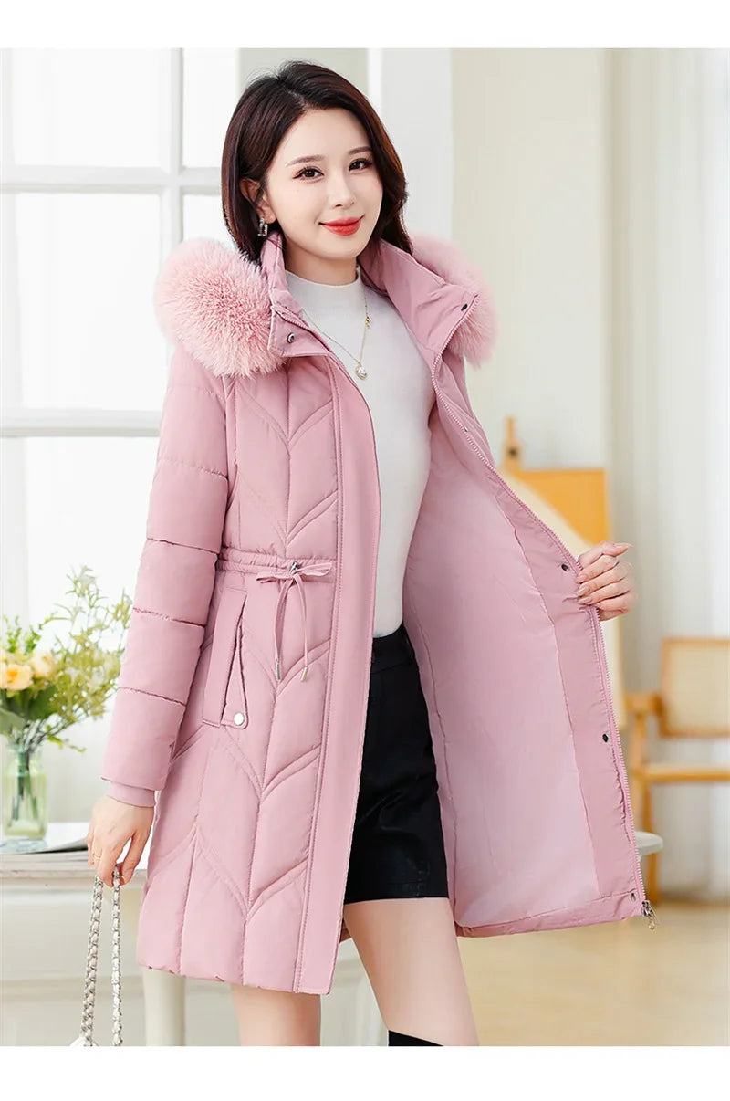 Women Down Cotton Jacket 2025 Mid Long Warm Ladies Outerwear Slim High-End Loose Women Winter Parka Coat Female Cotton Clothes