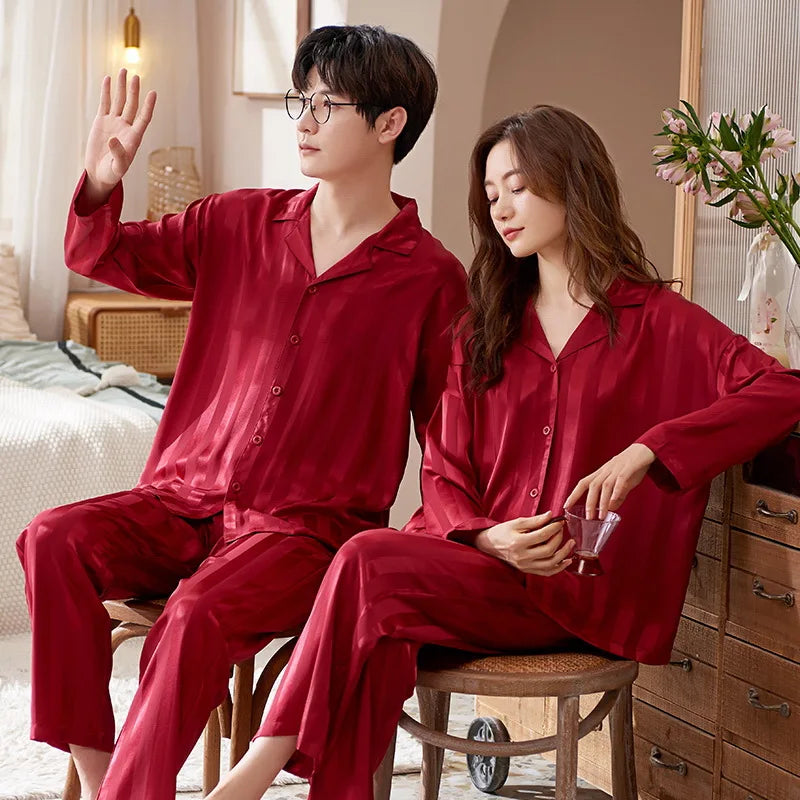 Pajamas Sets for Women Men Sexy Sleepwear Silk Women Pijama Sets Long Sleeve Cardigan Set Female Ice Silk Pyjamas Home Clothing