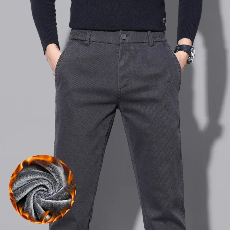 Brand Fleece Pants Forr Men Winter New Warm Cotton Elastic Waist Korean Fashion Twill Straight Plush Trousers Male