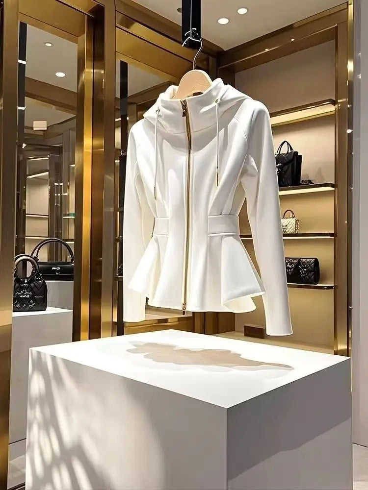 Fashion White Hooded Coat Women Spring Autumn 2025 New Luxury Unique Casual Korean Jacket Hoodie Sweatshirt Clothing