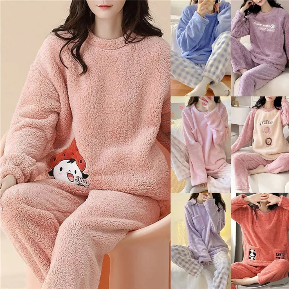 Autumn Winter Flannel Women's Pajamas Sets Polka Dots Printed Teddy Sleepwear Velvet Homewear Kawaii Girsl Pijamas Mujer Pyjama