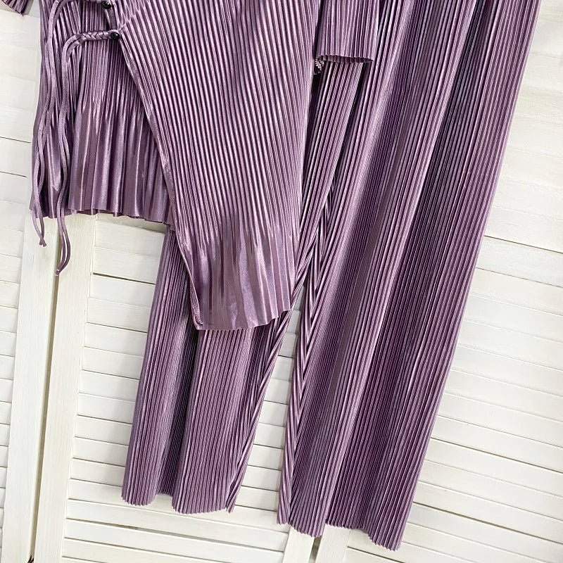 Pants Sets Fashion Elegant Pleated V-Neck Buckle Irregular Hem Tops High Waist Slim Wide Leg Pants Summer Two-Piece for Women