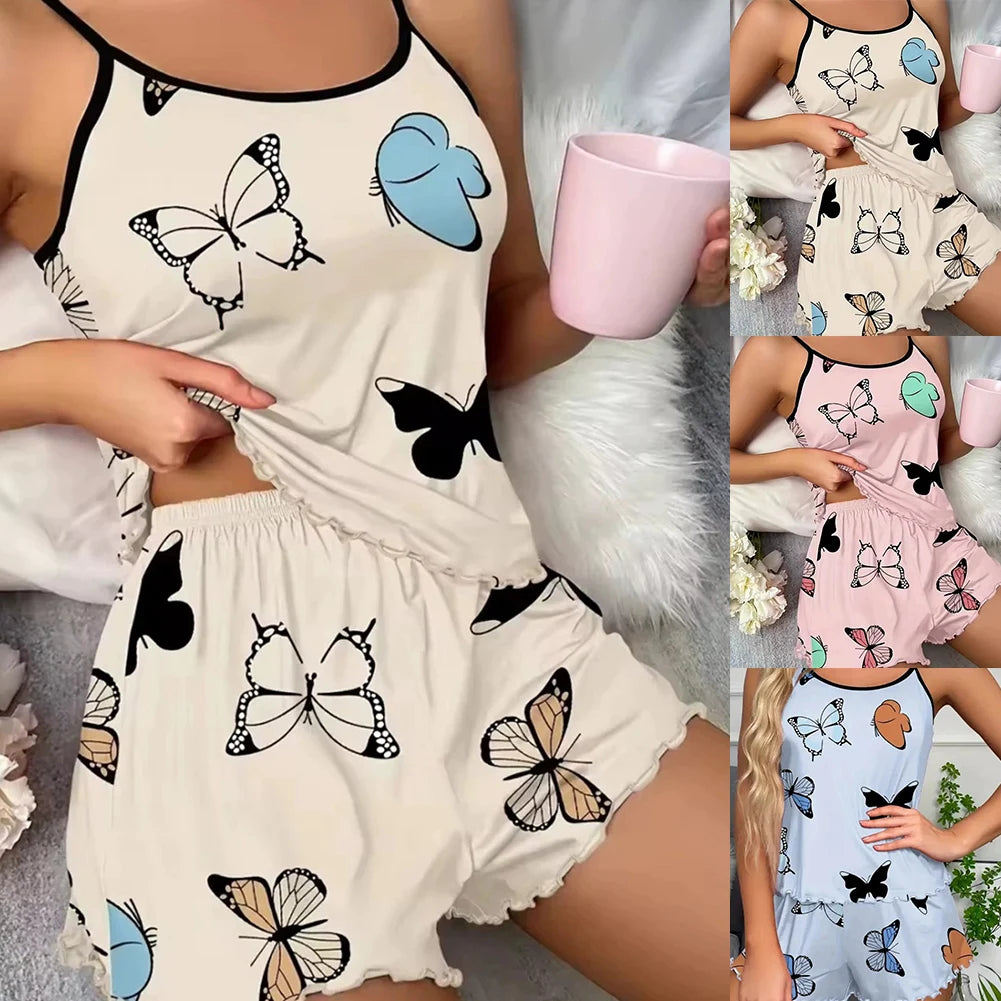 Womens Butterfly Print Pajamas Suit Comfortable Stylish Casual Soft Vest Shorts Trouser Sets Women Pajama Fashion Lounge Pajamas