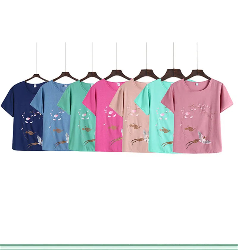 Pyjama Pour Femme Casual Cotton Linen Sleepwear Set Vintage Printed Middle Aged Mother Short Sleeve Pajamas Women Home Suit