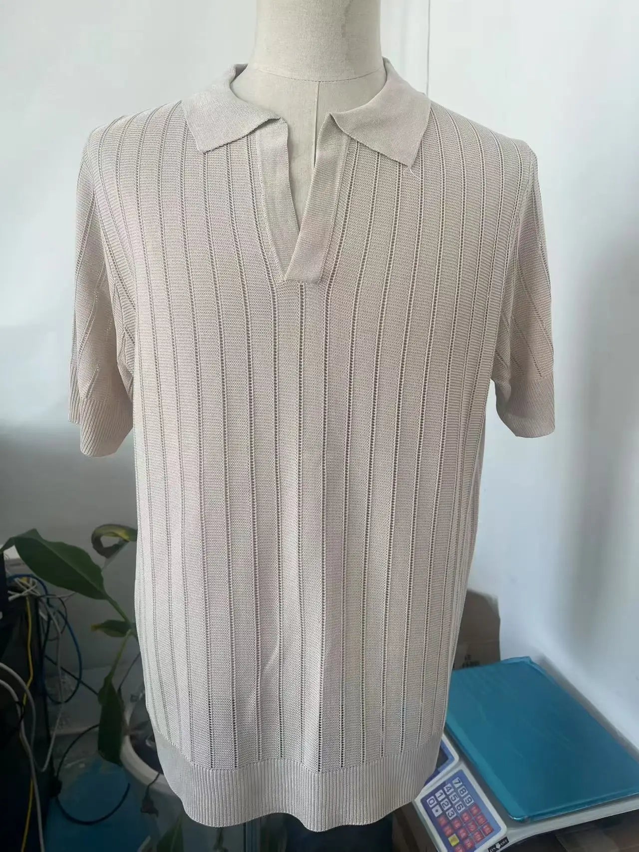 Polo Shirts Knitted Solid Tops Pullover V Neck Short Sleeve Tees Men Casual Shirt Summer Slight Strech Spliced Loose 2025