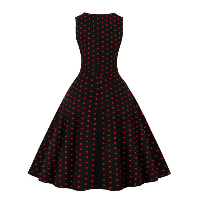 2025 New Women Party Dress Dot Print Sleeveless A Line 50s Evening Gowns Red A-line Tight Waist Prom Banquet Summer Midi Dress
