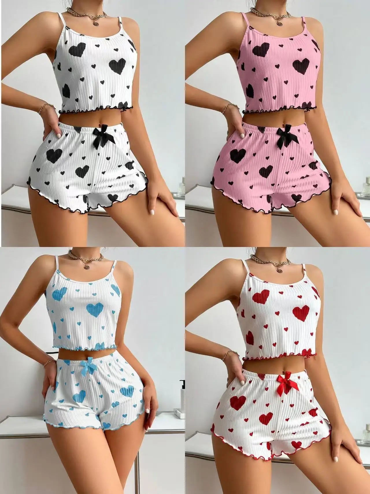 Summer New Women's Pajama Set Breathable Soft Casual Love Printed Design Sweet Home Strap Shorts Pajamas