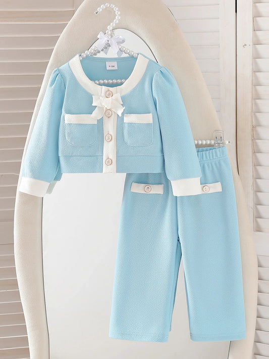 Baby girl autumn elegant style two-piece set, light blue small fragrance butterfly bow top, same color pants