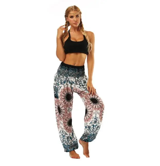 Women Yoga Pant Indian Nepal Loose Comfy Trousers Multicolor Bohemia Geometric Floral Print Wide Leg Pants Bloomers For Women