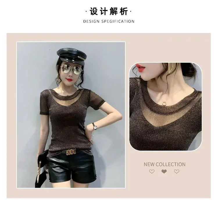 Summer Women Clothing 2025 New Half-sleeved Fashionable Short-sleeved T-shirt Hollow Mesh Top Lace Pullover