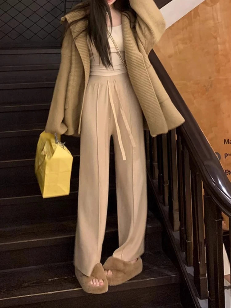 Knitted Pants Women Fashion Vintage Casual Capris Solid Loose Lace Up Wide Leg Pants Elastic Waist 2025 New Autumn Winter Pants