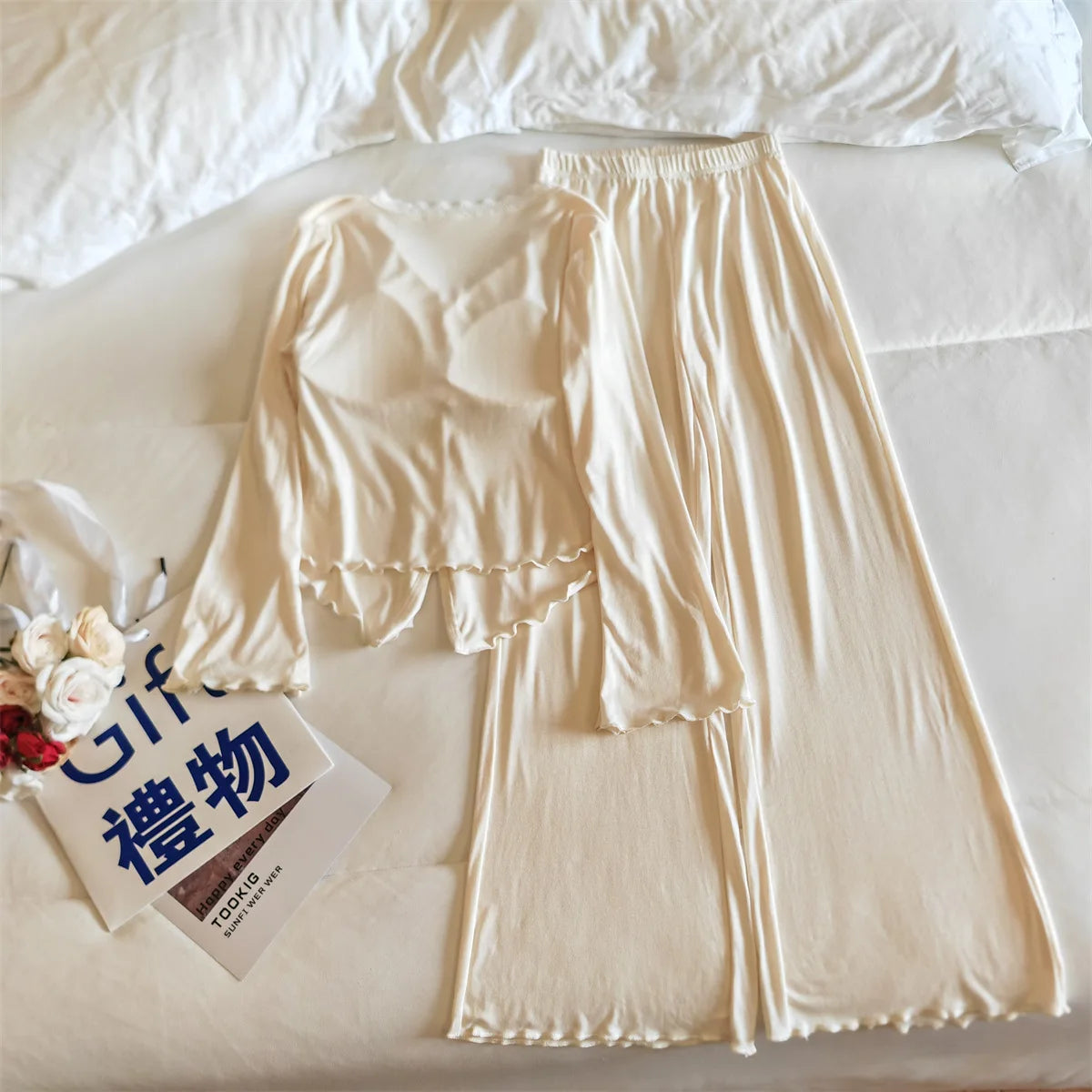 Pijama Feminina New Modal Chest Pad Set 2 Piece Woman Long Sleeve Pajama Sets Casual Korean Sleepwear Pyjamas Femme Home Wear