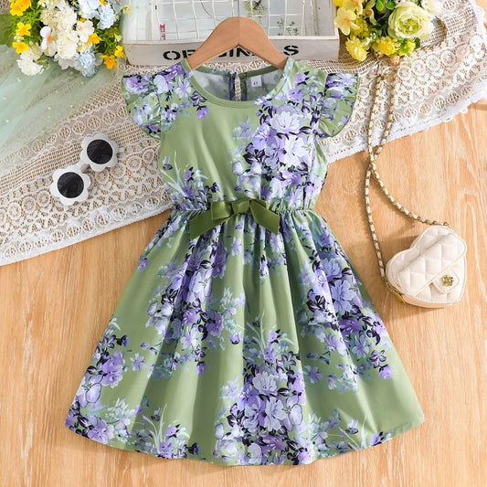 Girls' Dress, Full Flower Print Dress,O-neck Casual Dress, Waist Dress with Bow Decoration, Suitable for Girls' Dresses Aged 2-7