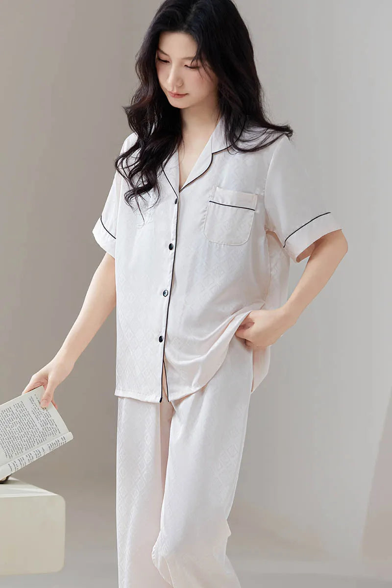 Pajamas for Couples Ice Silk Satin Men's Women's Short Sleeves Shirt Pants Sleepwear Home Clothes Suit Male Pijama