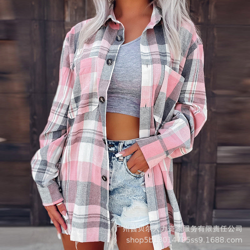 Women Coat Spring New Loose Plaid Pocket Splicing Shirt Coat Women Long Sleeve Single-Breasted Cardigan Turn-down Collar Coat