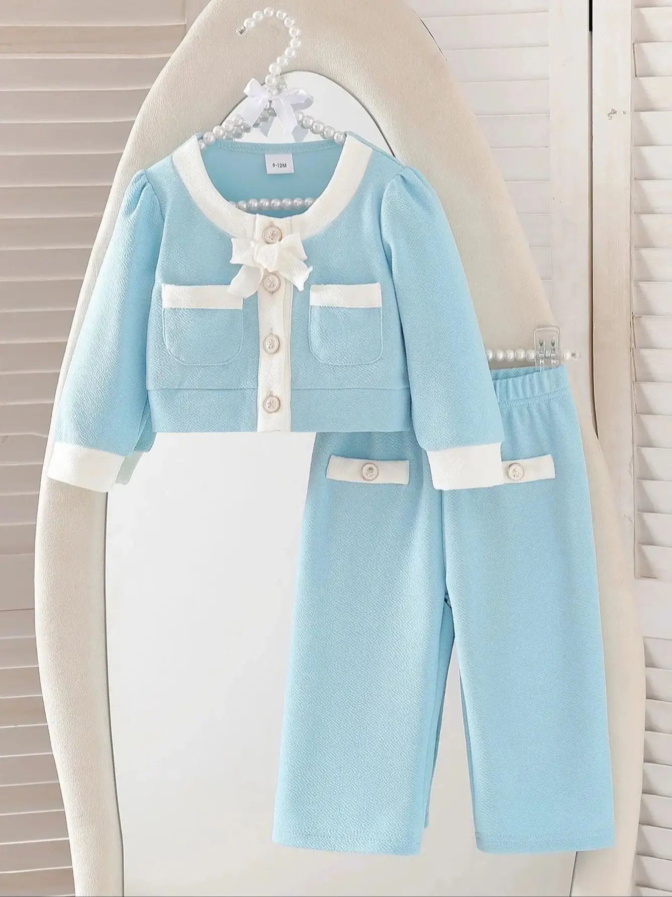 Baby girl autumn elegant style two-piece set, light blue small fragrance butterfly bow top, same color pants