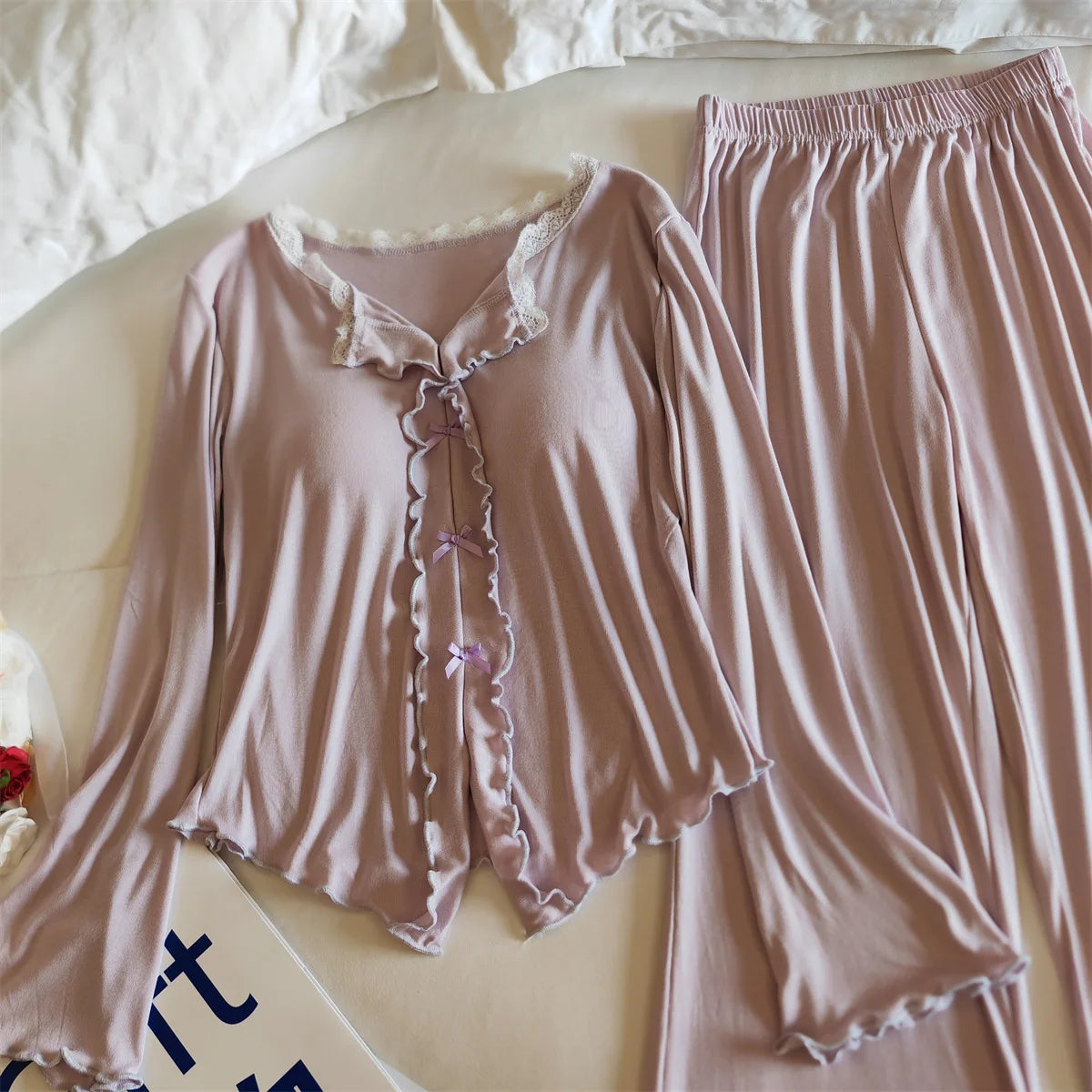 Pijama Feminina New Modal Chest Pad Set 2 Piece Woman Long Sleeve Pajama Sets Casual Korean Sleepwear Pyjamas Femme Home Wear