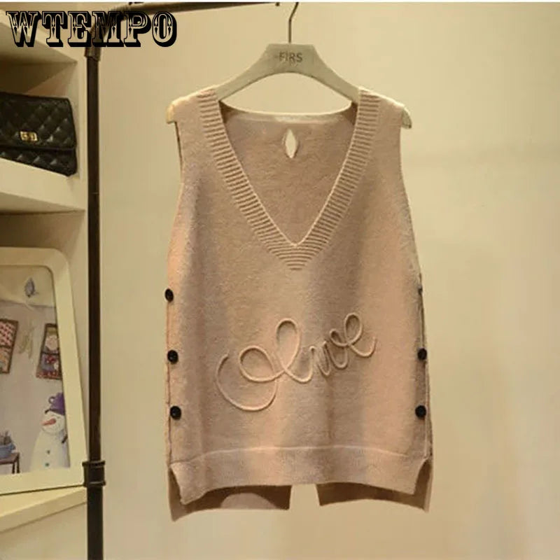 WTEMPO Fashion V-Neck Button High Low Vest Sleeveless Sweater Women's Clothing Autumn All-match Pullovers Loose Korean Tops