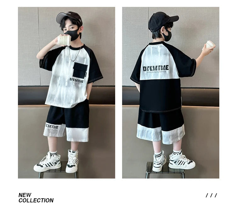 Boys Clothes Sets With Front Pocket 2025 Summer New Tshirts + Shorts Children's Clothes High Quality Kids Boy Sport Suits 5-14T