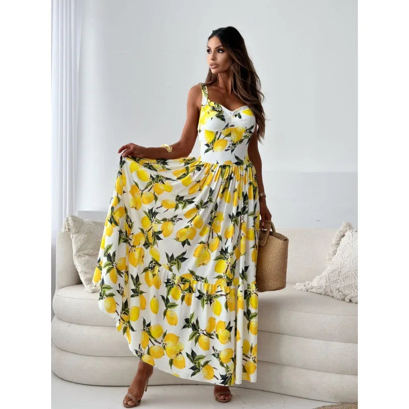 Women's Vest Dress Sexy Off-shoulder Fashion Fruit Print Party Backless Party Vacation Long Dress