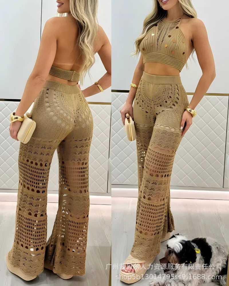 Pant Set Women Two Piece Sets Backless Matching Sets Short Tops Beach Knitted Hollow Out Wide Leg Long Pants High Waist Summer