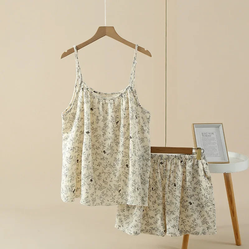 100% Cotton Women's Pajama Set Woman 2 Pieces Spaghetti Strap Sleepwear Women Floral Print Pajama  Strap