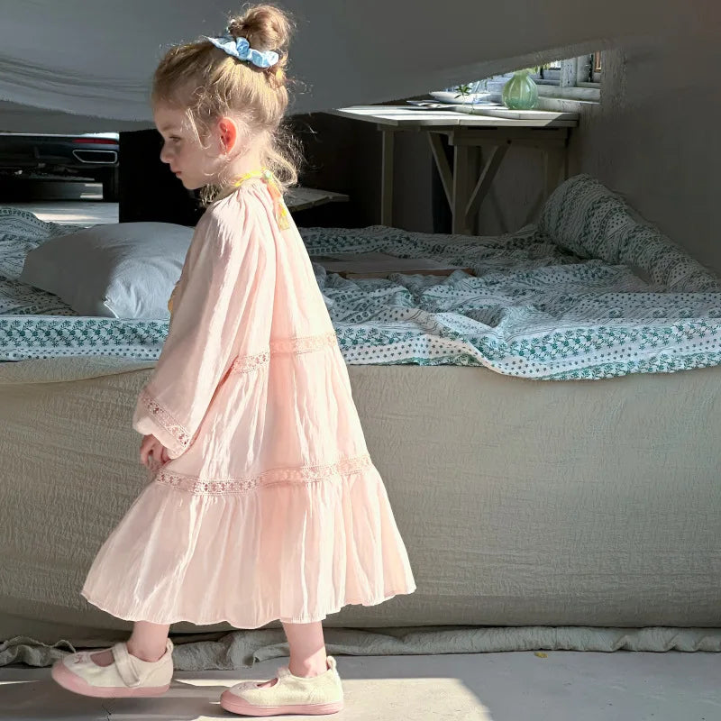 Girls Dress 2025 Spring New Elegant Lace Dress Sweet Girls Long Dress Ruffle Kids Dress For Girls