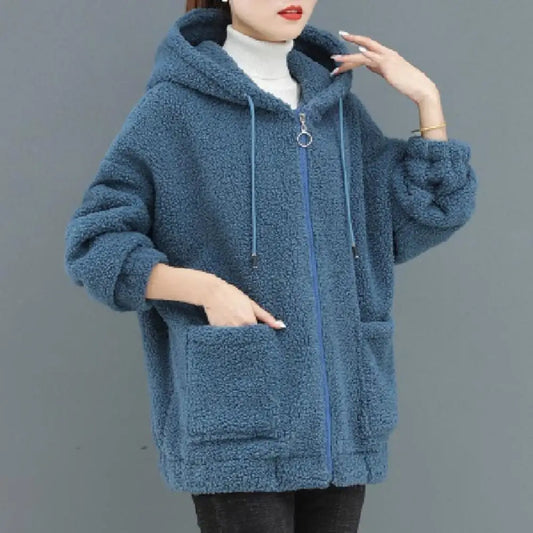 Women Coat Autumn Winter Hooded Drawstring Coat Long Sleeve Pockets Zipper Placket Thick Plush Cardigan Outwear Streetwear