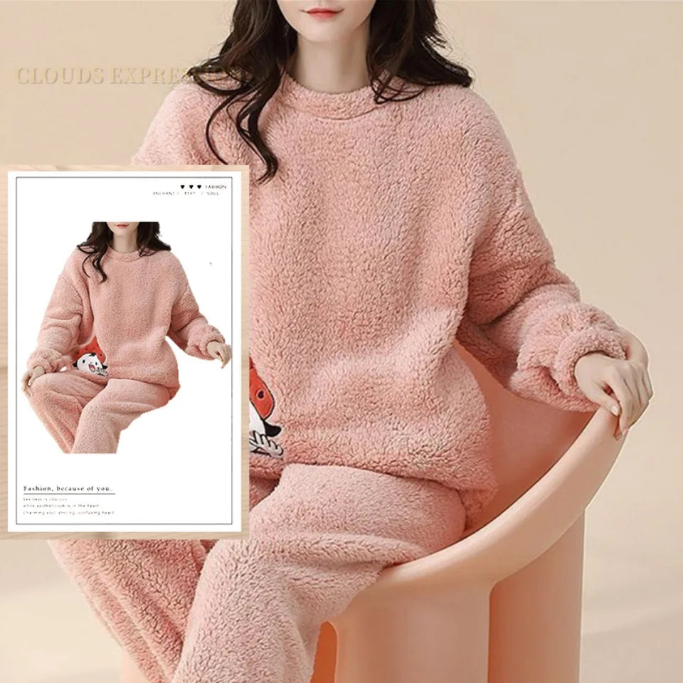Autumn Winter Flannel Women's Pajamas Sets Polka Dots Printed Teddy Sleepwear Velvet Homewear Kawaii Girsl Pijamas Mujer Pyjama