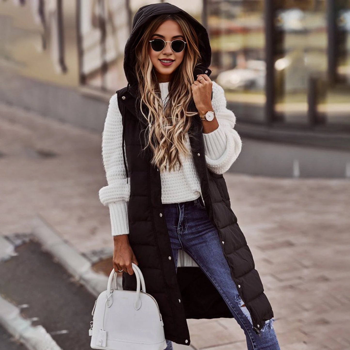 Women's Long Coat Vest With Hood Autumn Winter Sleeveless Warm Cotton Down Coat Waistcoat Quilted Vest Down Jacket Outwear 2XL