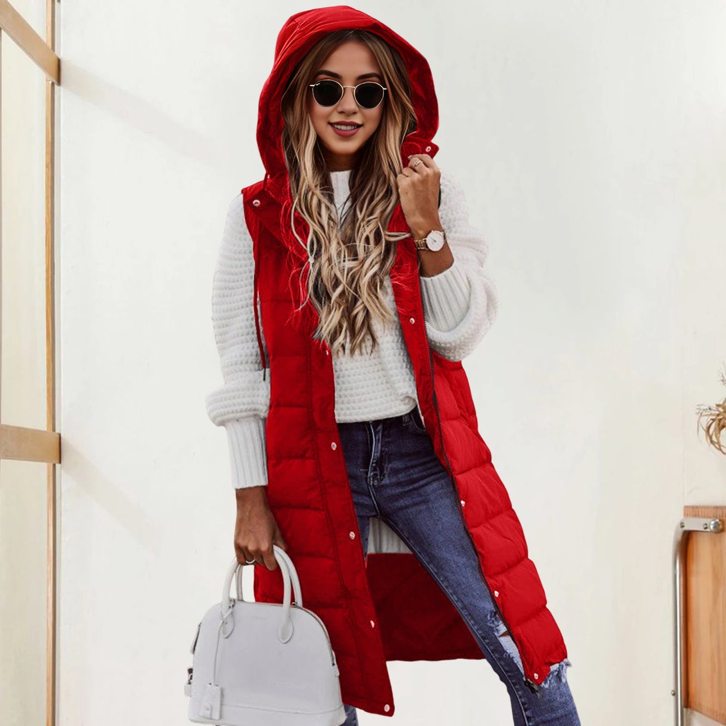 Women's Long Coat Vest With Hood Autumn Winter Sleeveless Warm Cotton Down Coat Waistcoat Quilted Vest Down Jacket Outwear 2XL
