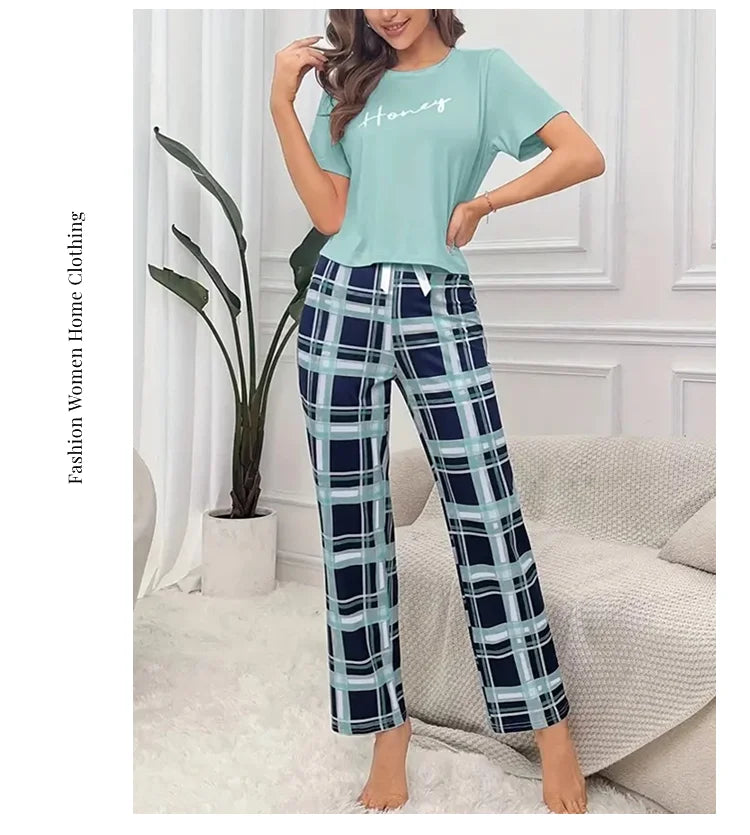 Women's Pajama Pj Set Letter Print Short Sleeve Top & Plaid Print Pants with Bow Details Casual Sleepwear for Adults All Seasons