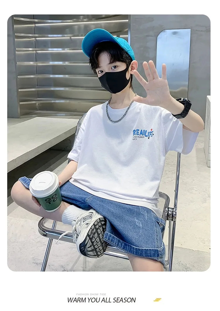 Summer Kids Clothes Streetwear Fashion English Skateboard Print T Shirt 100%Cotton Tops Tees Children Short Sleeve Boys Clothes