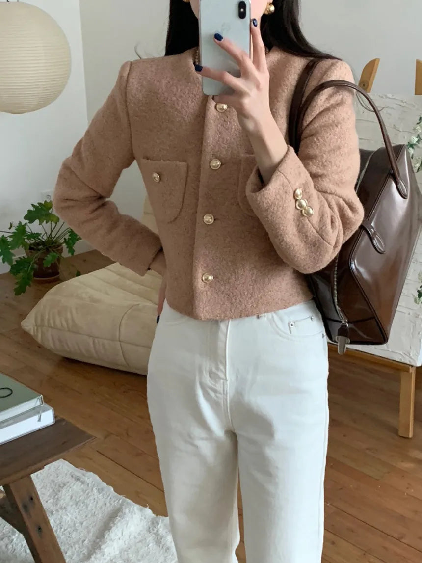 Women Autumn Winter 2025 French Vintage Coat Temperament High Quality Korean Casual Single Breasted Slim Tweed Jackets