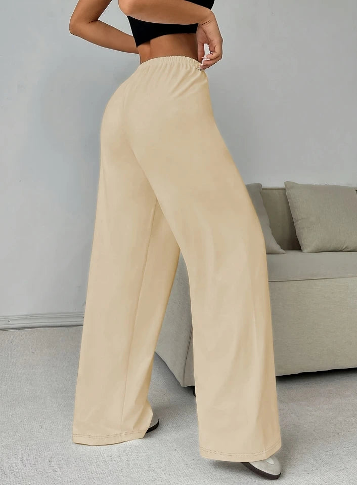 Women's Pants 2024 Spring Fashion Solid Color Low Waisted Casual Elastic Waisted Lace Up Wide Leg Daily Sports Pants