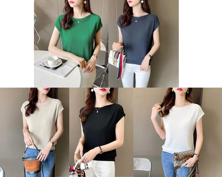 2025 New Spring Autumn Fashion Straight Neck  Knitted Sweater Short Sleeve Women Solid Color Simple Casual Tops Fema