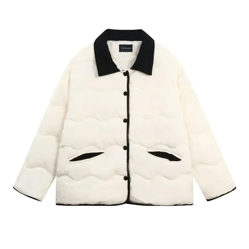 Women Casual Down Coats Korean Fashion Cotton Padded Jacket Female Autumn Winter Long Sleeve Single Breasted Warm Solid Coat