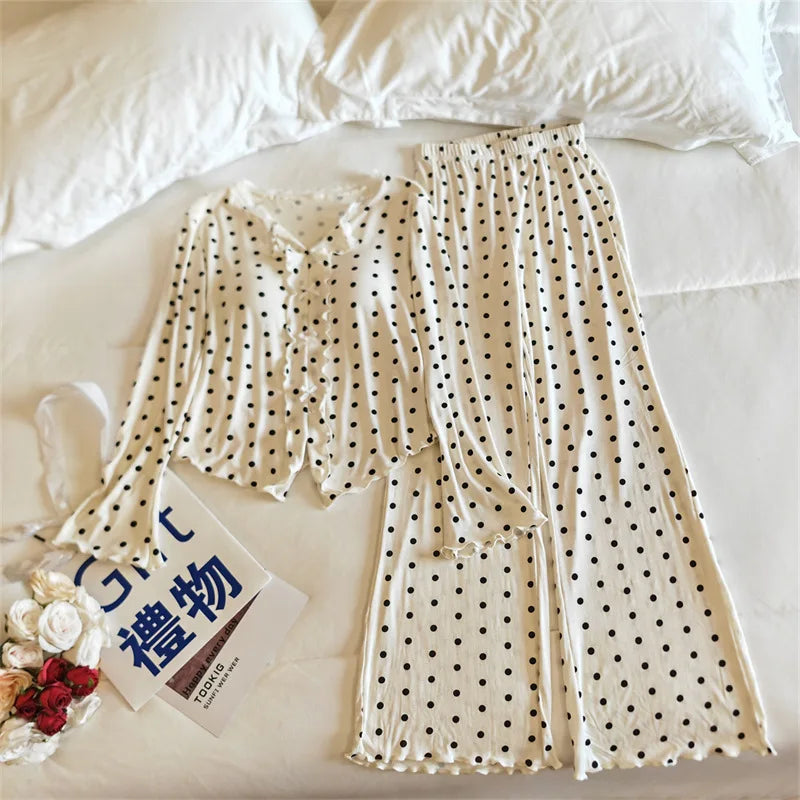 Pijama Feminina New Modal Chest Pad Set 2 Piece Woman Long Sleeve Pajama Sets Casual Korean Sleepwear Pyjamas Femme Home Wear