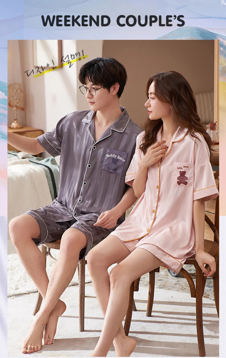 Pajamas Sets for Women Men Sexy Sleepwear Silk Women Pijama Sets Long Sleeve Cardigan Set Female Ice Silk Pyjamas Home Clothing