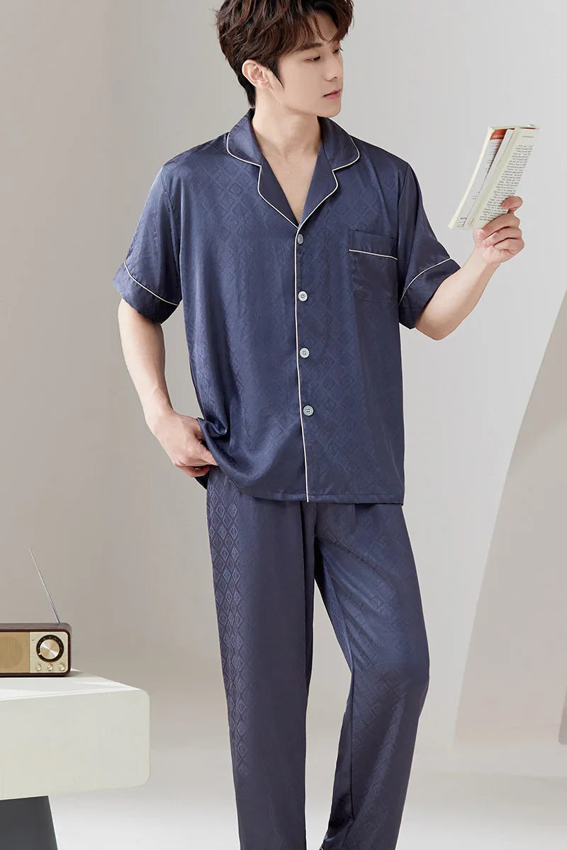 Pajamas for Couples Ice Silk Satin Men's Women's Short Sleeves Shirt Pants Sleepwear Home Clothes Suit Male Pijama