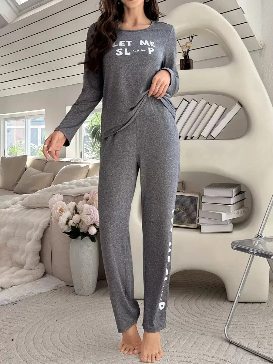 Women's Pyjama Set Fashionable Alphabet Print Round Neck Top and Long Trousers Set Simple and Casual Homewear