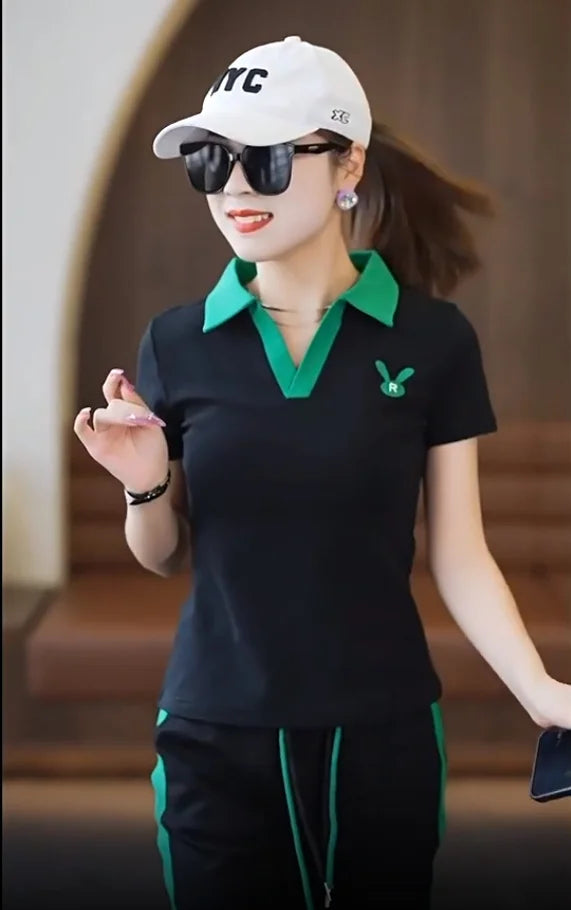 Women's Casual Sports Suit 2025 New Summer Spring Style Clothes Fashion Short Sleeve Lapel T-shirt Wide Leg Pants Two Piece Set