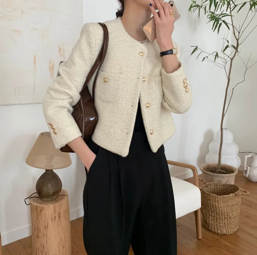 Women Autumn Winter 2025 French Vintage Coat Temperament High Quality Korean Casual Single Breasted Slim Tweed Jackets