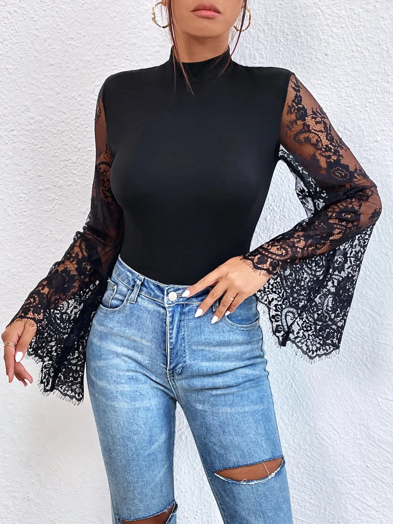 New Summer Cloths Women's Black Lace Patchwork Long Sleeved Flared Sleeve Round Neck Tight Sexy Jumpsuit Rompers