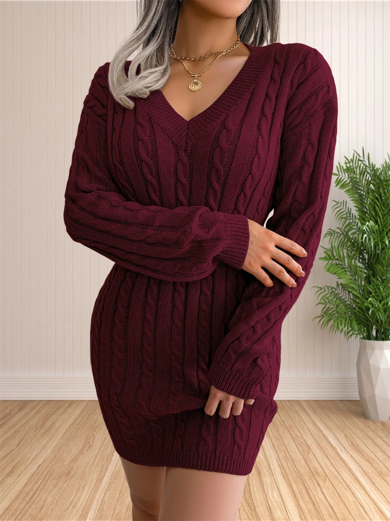 Women Sweater Dresses Cocktail V Neck Knitted Dress Sweater Sheath Dress