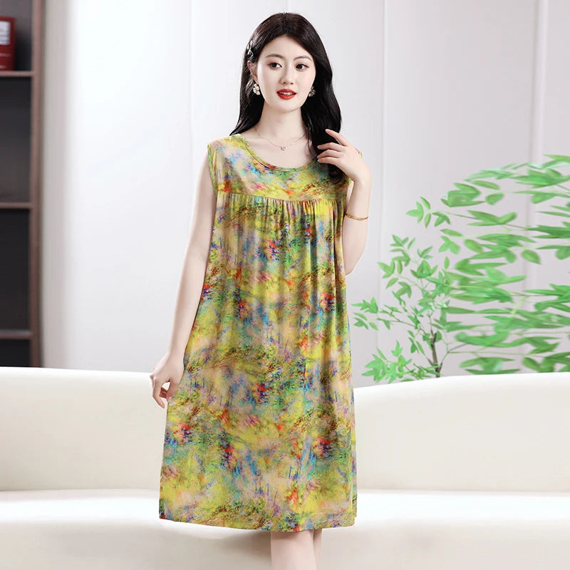 2025 New Women's Spwear Cotton Silk Nightgown round Ne Mid-Length Svel Dr Artificial Cotton Home Clothes